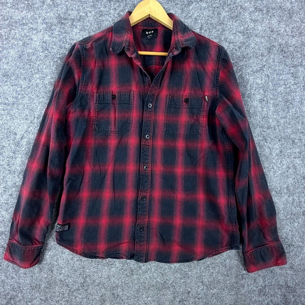 HUF Shirt Mens Large Red Black Plaid Cotton Chest Pockets Skater Button Up